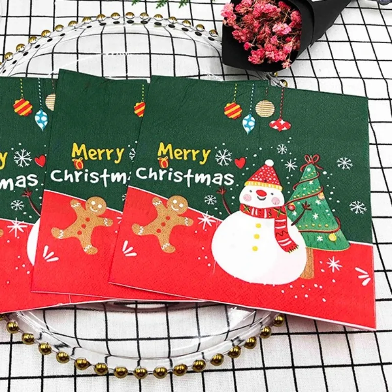 10/20pcs 33cm 2Layer New Christmas Elements Napkins Snowman Christmas Tree Green Red Party Towels DIY Decoupage Paper