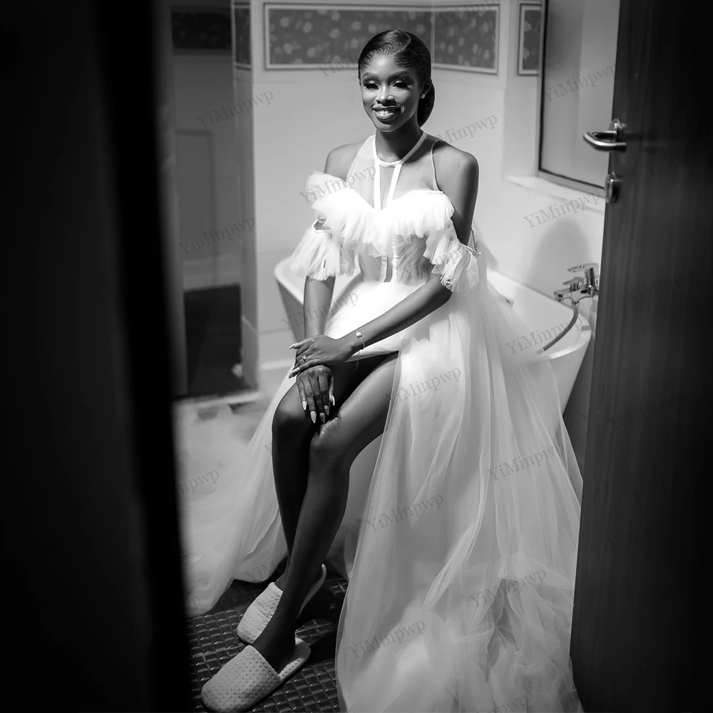 African Bridal Shower Dress O-Neck Side Split Reception Dresses For Bride Tulle Customized Bridal Robes Wedding For Photoshoot