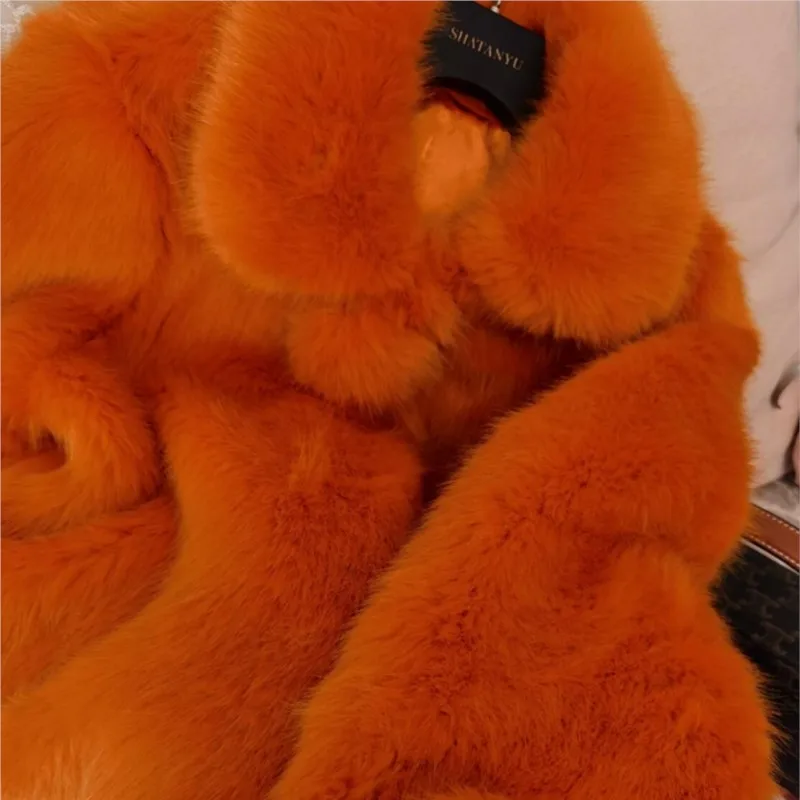 2023 Winter Orange Dopamine Hairy Shaggy Faux Fur Jacket Ball Lapel Collar Full sleeve Furry Coat Party Long Outercoat