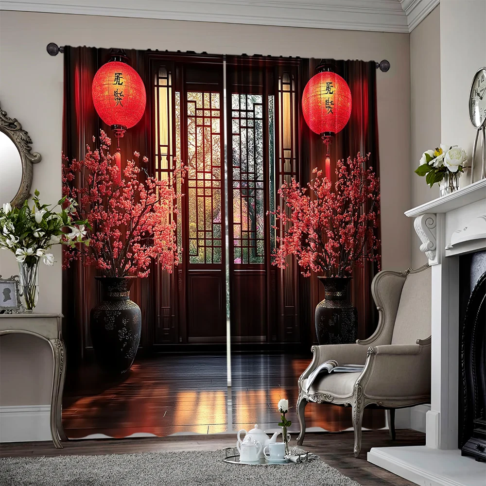 

2pcs, 2D flat Curtains Chinese traditional style Durable 100% Polyester Fabric,Without Electricity Festive Holiday Applies to
