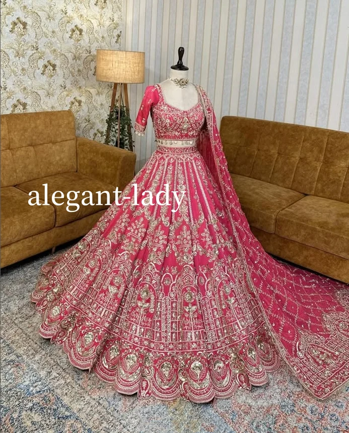 Luxury Pink Indian Saree Wedding Dresses Exquisite Short Sleeve Appliqued Lace A-Line Party Long Customised vestidos de fiesta