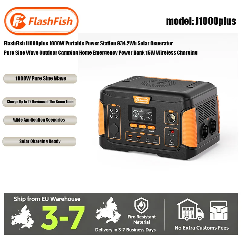 FlashFish J1000plus Stazione di Alimentazione Portatile 1000W Onda Sinusoidale Pura 934.2Wh 252000mAh Generatore Solare Power Bank Ricarica Wireless 15W Alimentazione di Emergenza per Campeggio,