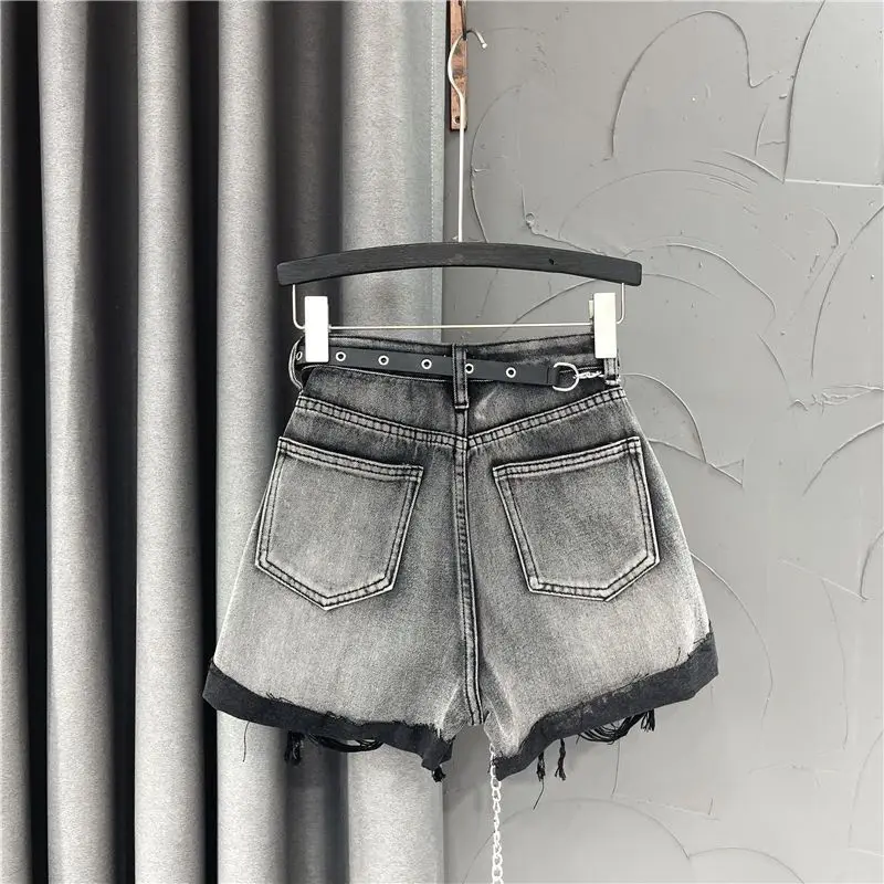 Smoke gray high waisted A-line denim shorts for women in the summer of 2024, thin cut with holes, loose fit, slimming