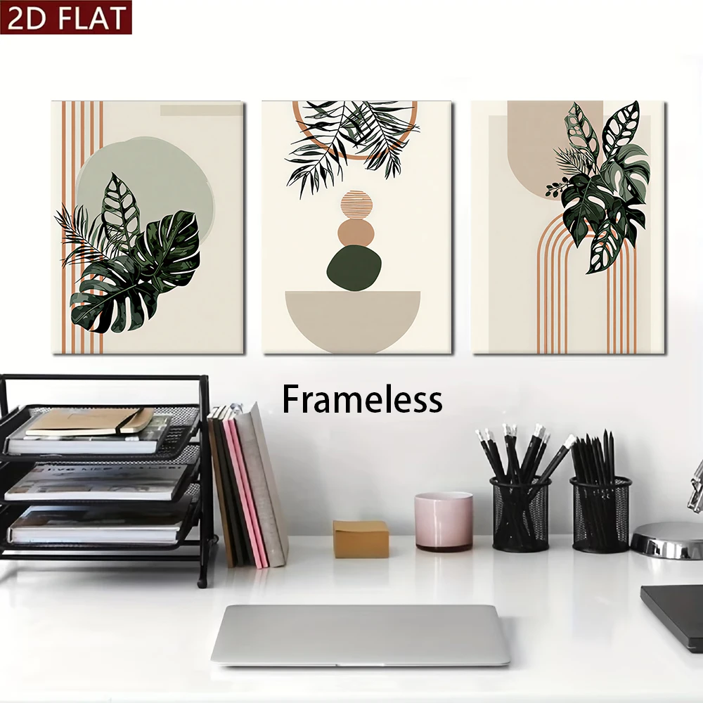 1 set of modern minimalist living room decoration paintings with three layers of frameless green plants, sofa background wall, d
