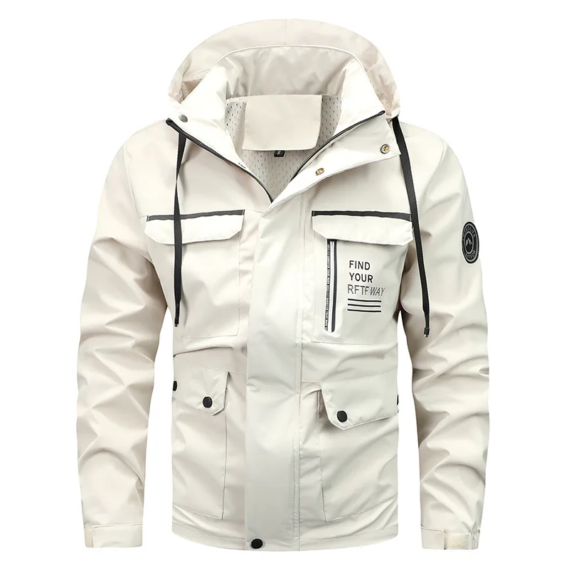 New Spring Men Outdoors Windbreaker Jackets Hooded Multiple Pockets Safari Style Jackets Male Traveling Waterproof Jackets Coats