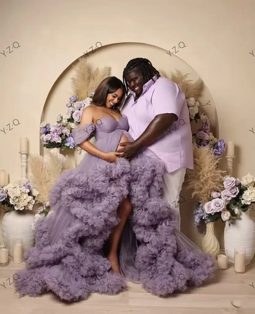 Dreamy Ruffled Tulle Maternity Photoshoot Dresses Puffy Sweetheart Tiered Maternity Gown Front Split Pregnancy Baby Shower Dress