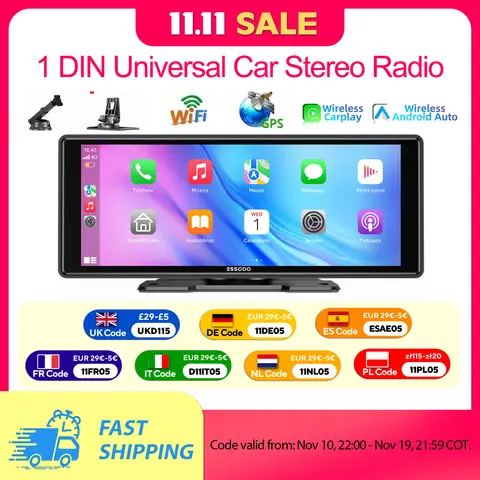 ESSGOO Autoradio universale portatile da 10,26 pollici HD IPS Schermo touch Airplay Navigazione GPS WIFI Apple CarPlay Android Auto Lettore video multimediale Mirror Link Bluetooth Controllo vocale AUX Trasmettitor FM