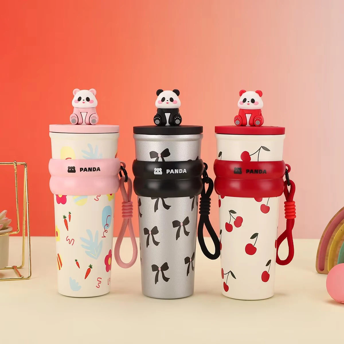 

700ml Cute Kawaii Panda Straw Tumbler Stainless Steel Insulated Vacuum Flask Coffee Cup Portable Car Mug Sleeve Water Bottle