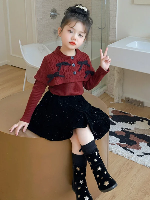 Suéter de malha com laço doce para meninas saia Bla conjunto de duas peças outono 2025 novo conjunto Faion infantil Sle respirável L...