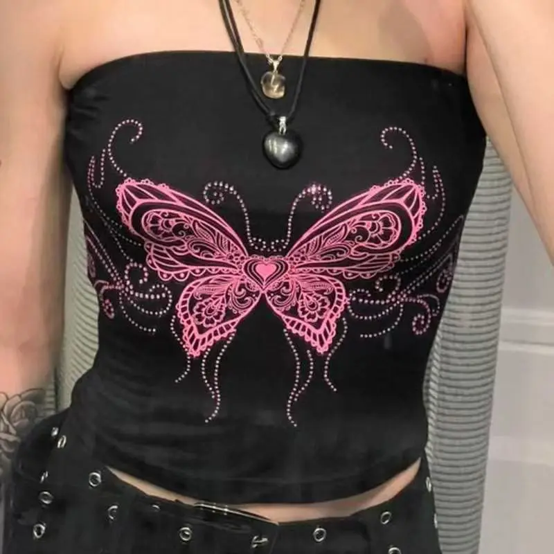 

Womens Sexy Hottie Vest American Subculture Butterfly Print Strapless Vest Black Harajuku Retro Tanks Female Sleeveless Slim Top