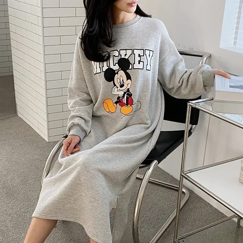 Disney Mickey Mouse Spring Autumn Sweatshirt Long-Sleeved Dress Woman Clothing Hooded Collar Pocket Casual Lady Dress Sweatshirt