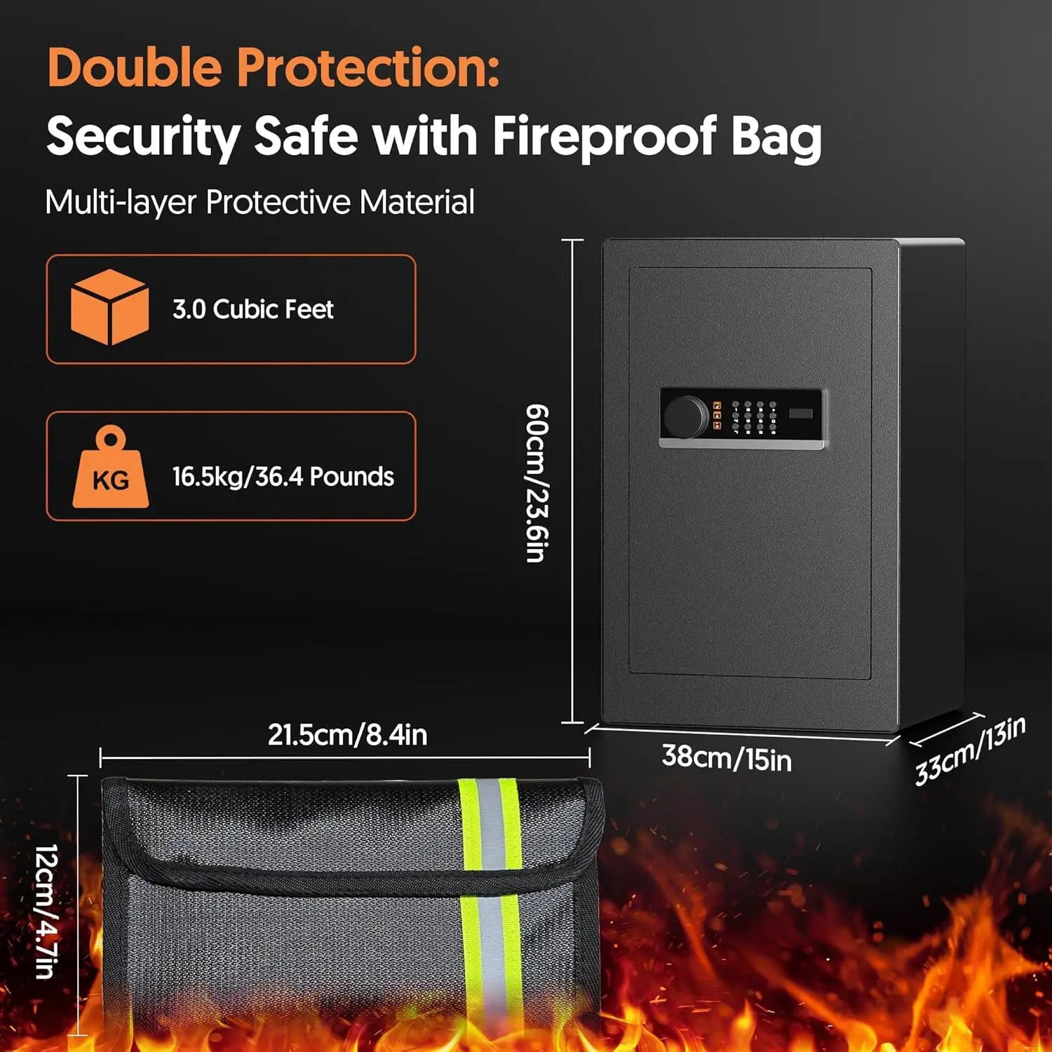 3.0 Cubic Feet Home Safe, Anti-theft Electronic Safety Lock Box with Fireproof Waterproof Bag for Cash Valuables Documents, Stee