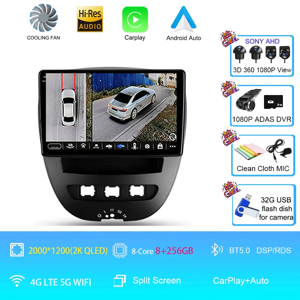 Android 16 Carplay Auto Multimedia Speler voor Peugeot 107 Citroen C1 Toyota Aygo 2005-2014 DSP Stereo 2din Autoradio Unit - afbeelding 1