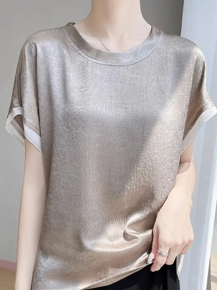 エレガントなサテン半袖ラウンドネック Tシャツ女性のシンプルな夏のルーズ薄いスタイルトップ快適な通気性のあるピュアカラー