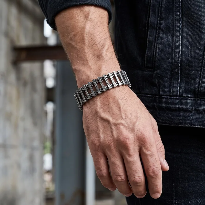 KALEN Vintage Punk Men Stainless Steel Hollow Link Chain Bracelet Motorcycle Rock Bracelet  Fashion Jewelry Halloween Gifts