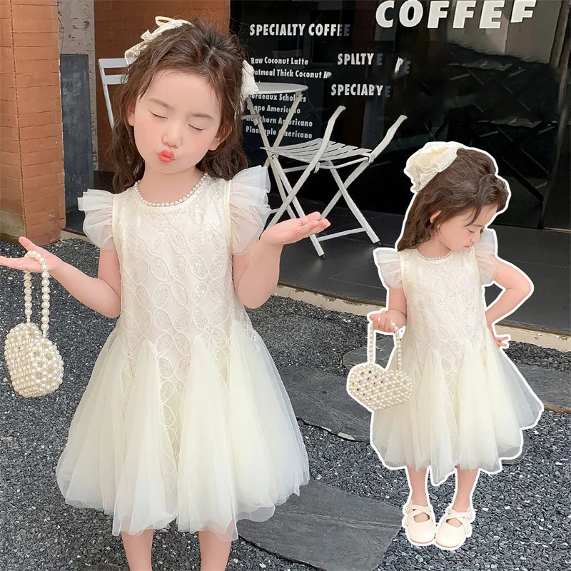 

Children's Clothes Mesh Sequins Lace Girls Party Dress For Birthday Prom Concert Dress Elegant Night Wedding Clothes Bridesmaid