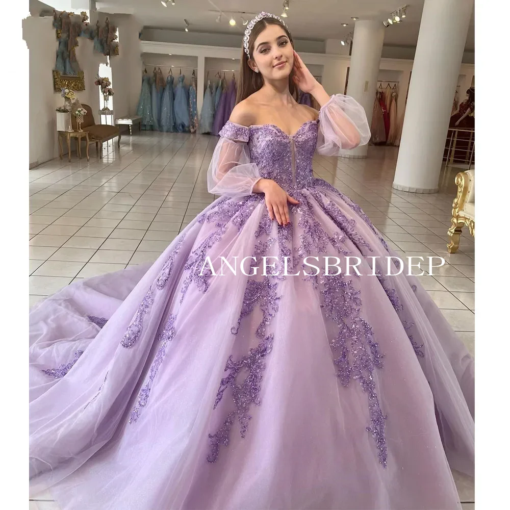 ANGELSBRIDEP Lilac Quinceanera Dresses Off-Shoulder Long Sleeves Beading Lace Vestidos De 15 Anos Birthday Party Prom Ball Gown