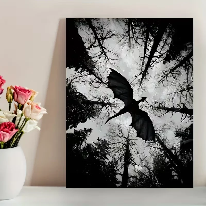 1pc Frameless Painting Dark Fantasy Dragon Flying Art Canvas Painting, Monochrome Forest Scene Poster, Unique Creative Wall Art