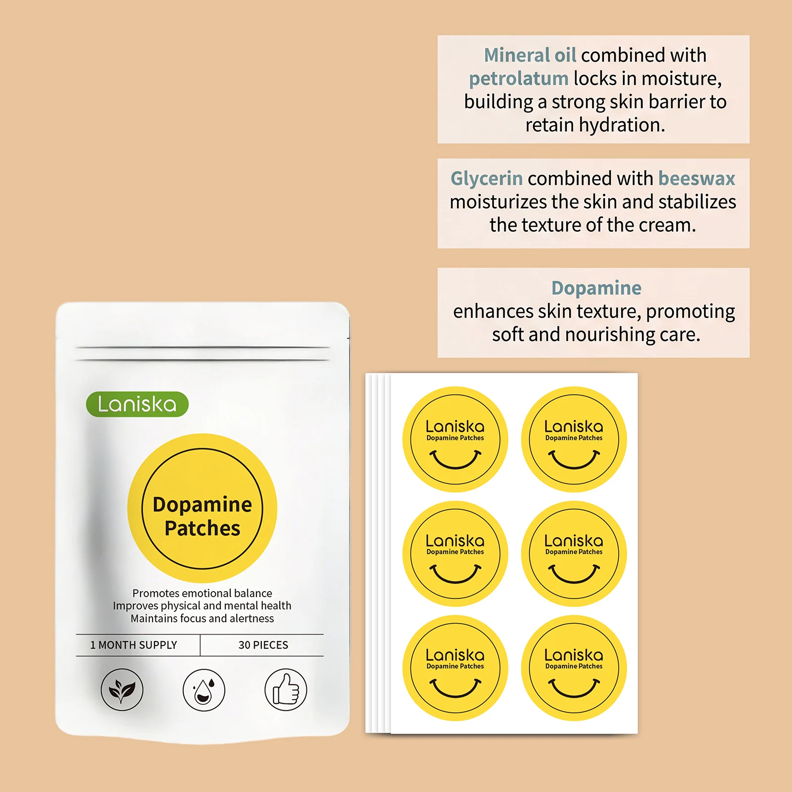 Dopamin-Pflaster mit Sanfter Formel zur Körperpflege, Stimmungsausgleich, Konzentrationsförderung und Hautbefeuchtung, Tragbare Hautpflege-Patches – Detail 4