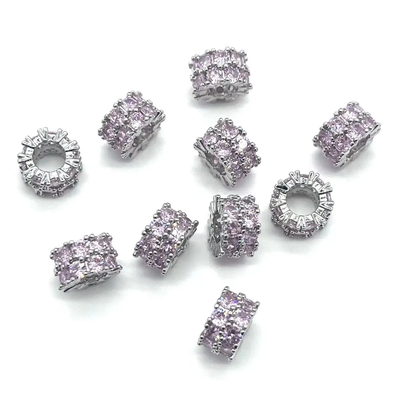 10Pcs/Lot Light Pink CZ Pave Spacer Wheel Beads 9x5mm Jewelry Findings for Custom Design Handmade Bracelets