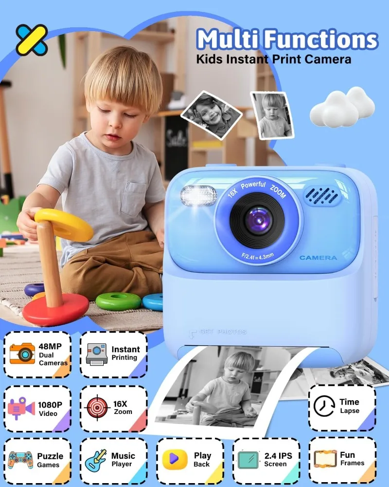 Câmera infantil com impressão instantânea, câmera digital infantil, brinquedos, presente com vídeo HD para meninas e meninos de 3 a 12 anos