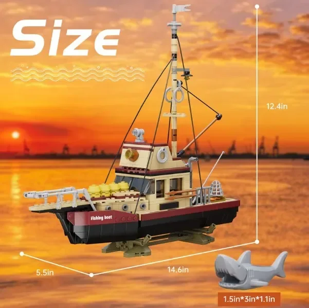 MOC City Fishing Boat Model Pirate Ship Trawlboat White Shark Sea Fisher Building Blocks Set DIY Kids Puzzle Toys Birthday Gift