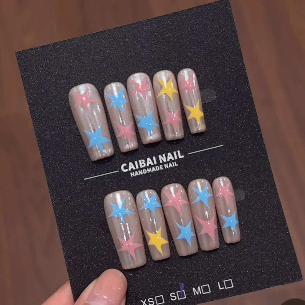 Y2K Gothic Style Cat Eyes Stars Hand Drawn Handmade Fake Nails 3D Flower Bowknot Diamond Glitter Dots Nail Art Birthday Gift