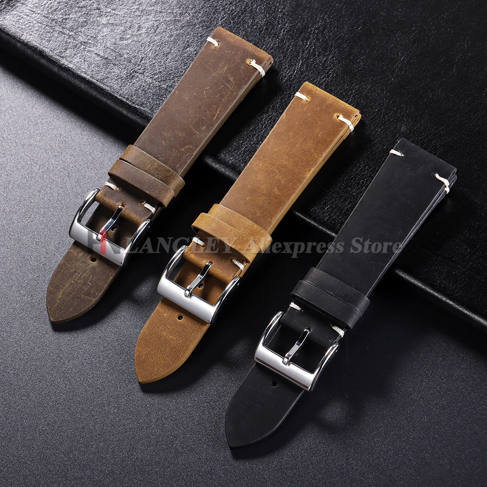 Ölwachs-Leder-Uhrenarmband, 18 mm, 20 mm, 21 mm, 22 mm, für Omega, für Seiko, handgefertigte Nähte, Vintage-Rindslederarmband, Smartwatch-Armband