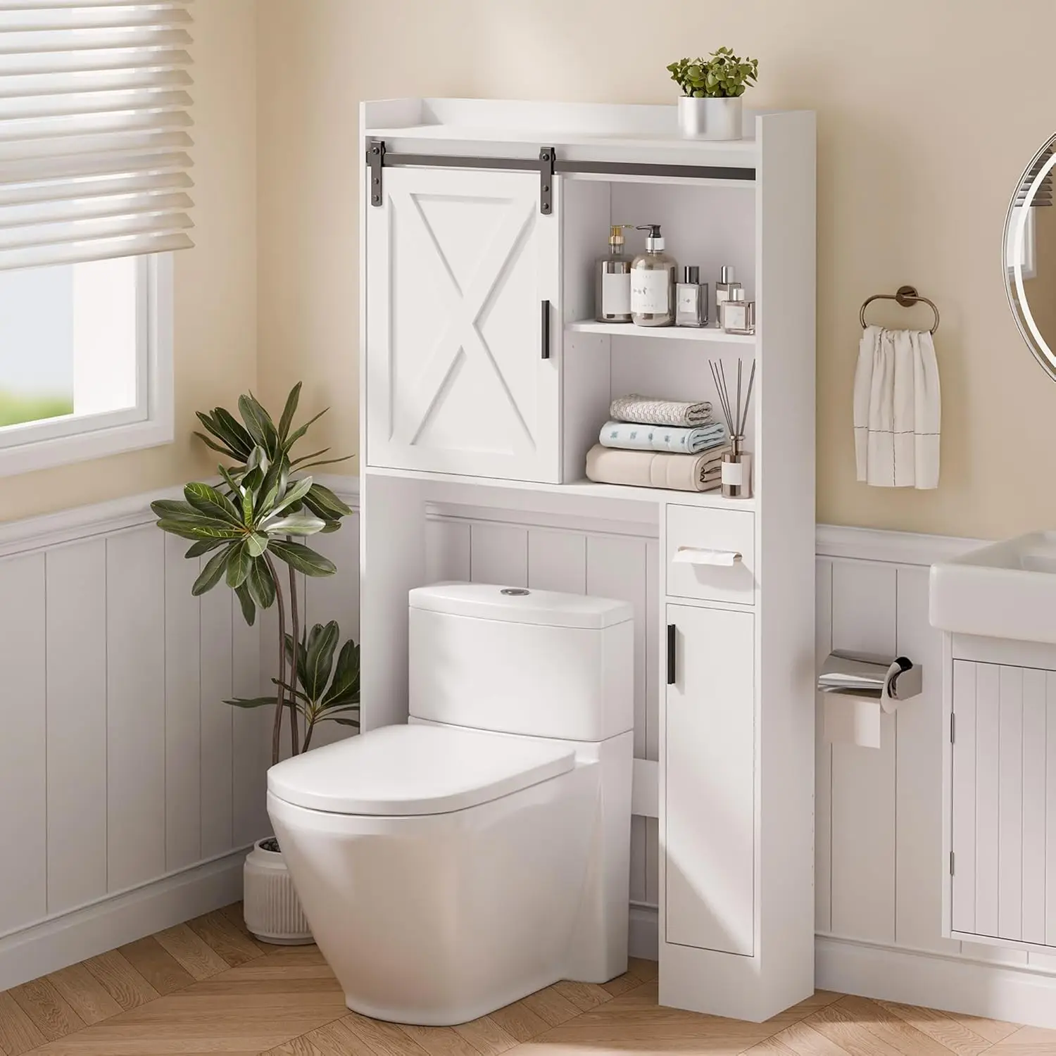 

Over The Toilet Storage Cabinet with Doors, 32" Bathroom Storage Organizer with Side Shelves, Space-Saving Toilet Storag