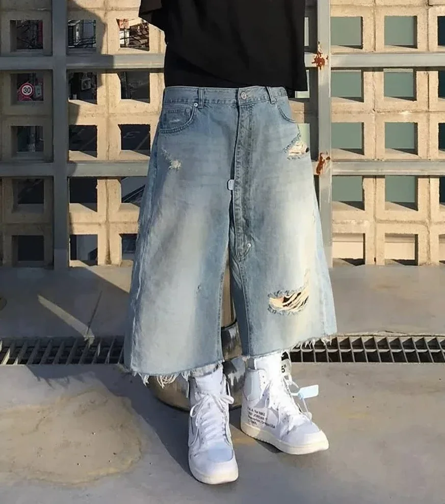 Protocol index American washed old light blue knife cut damaged denim cropped pants