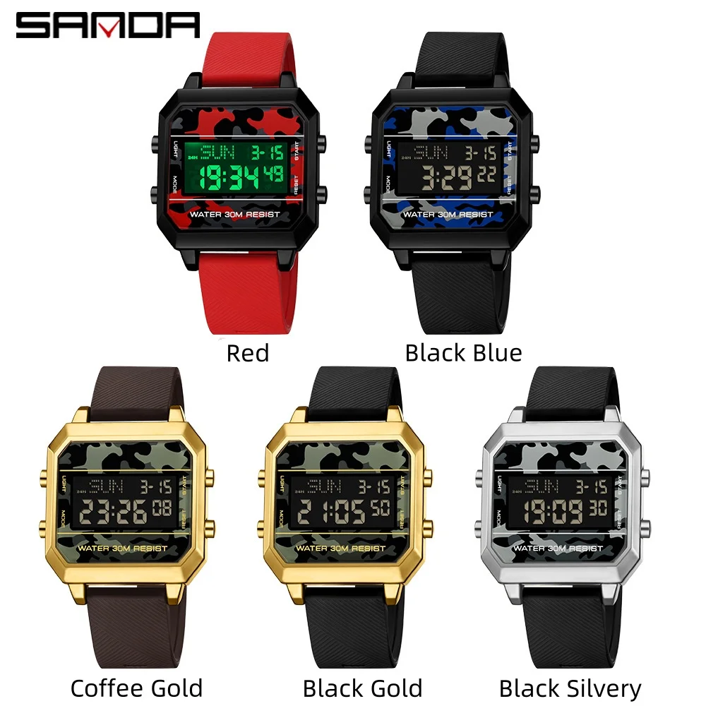 ساعة إلكترونية مربعة للرجال ، شاشة رقمية ، حزام سيليكون ، إبداعي ، خارجي ، مموّه ، مضيء ، ترفيهي ، من SANDA-Men