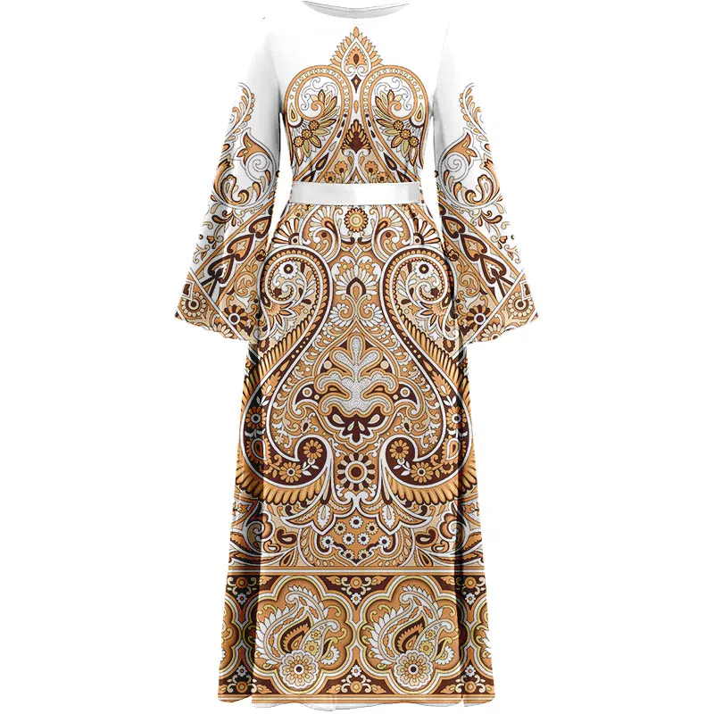 Summer New Vintage Print Dress Arabian Loose Women elegante Abaya abito da festa lungo fino al pavimento con cordoncino in vita Dubai Muslim maxidess