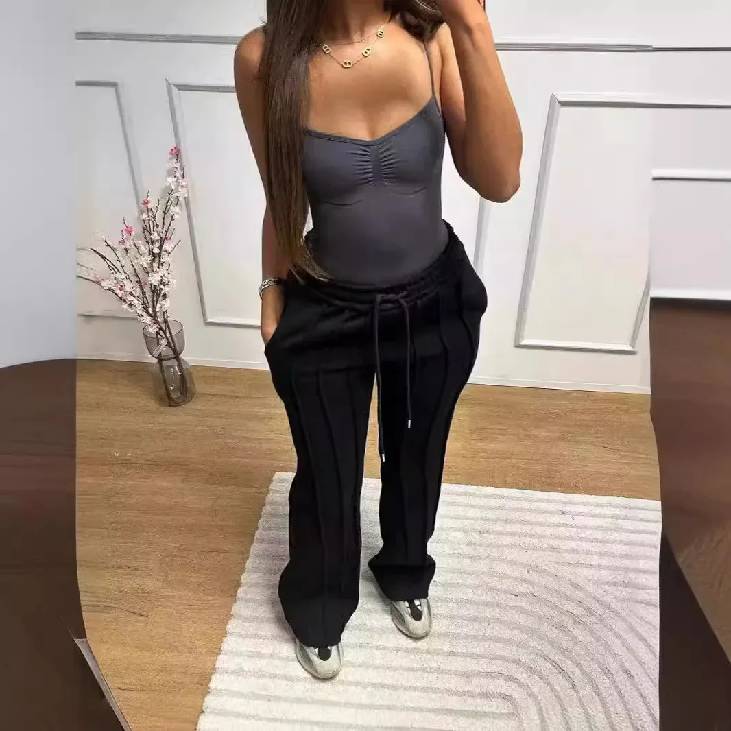 ربيع وصيف جديد السراويل عارضة اللون الصلبة. السيدات تصميم بسيط مرونة الخصر الرباط فضفاض الضغط مطوي السراويل واسعة الساق