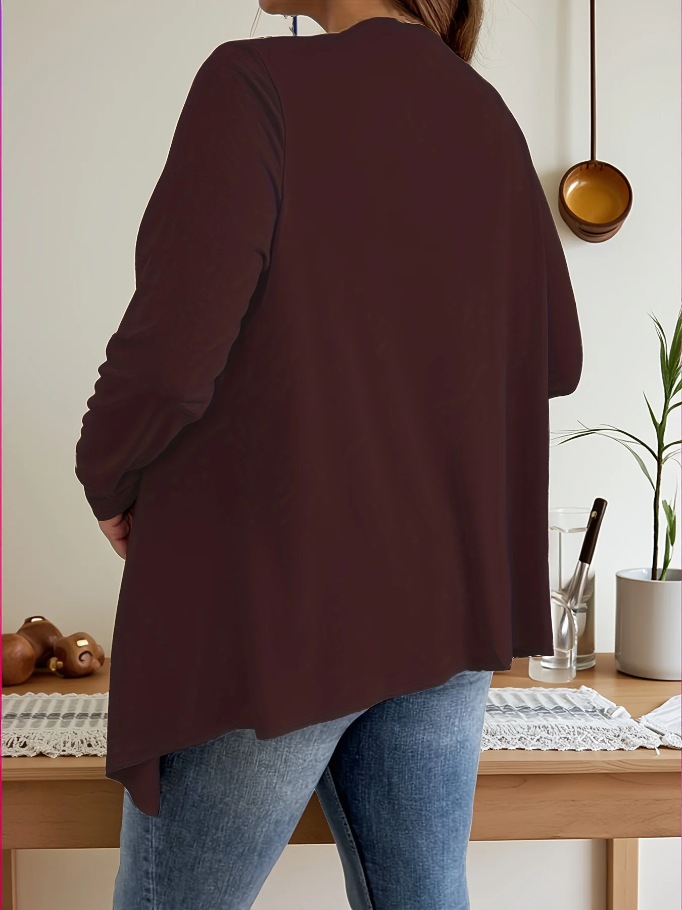 مقاس كبير للسيدات بأكمام طويلة بلون سادة، حاشية غير متماثلة، سترة كاجوال مفتوحة من الأمام، ملابس بمقاسات كبيرة #2