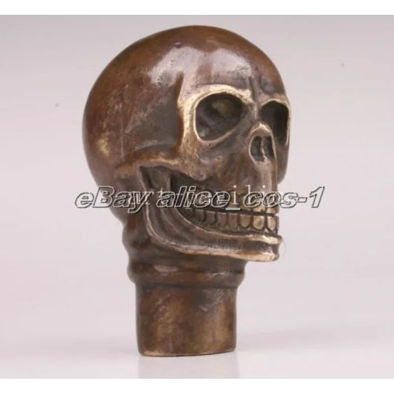 lucky Old Bronze Hand Carved skull Cane Walking Stick Head Statue