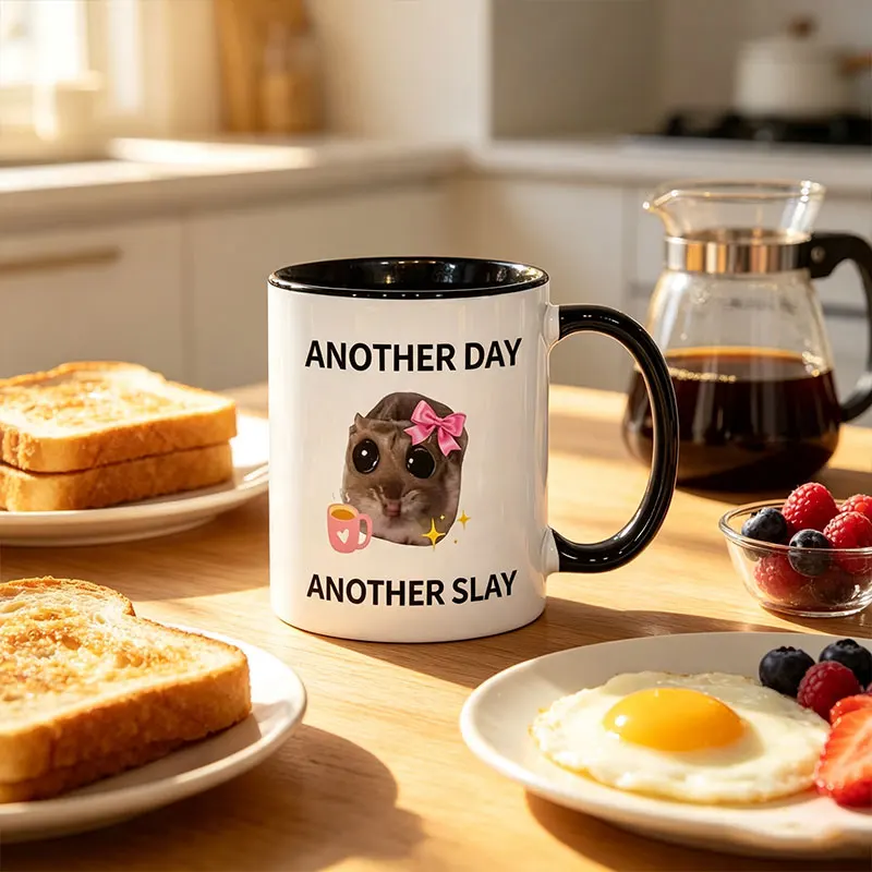 1 Mug, Seven-Color Coffee Cup, Gift for Friends "Another Day" Sad Hamster Meme 11 oz Ceramic Coffee Mug view 3