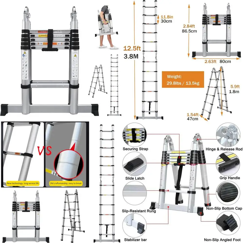 

Сверхмощная алюминиевая телескопическая лестница с А-образной рамой — складная лестница с удлинителем 12,5 футов и 6 ступеньками для многоцелевого использования