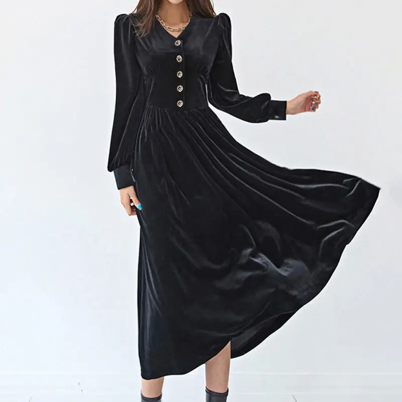 

Dress French Gentle Temperament Waist V-Neck Button Design Puff Sleeves Women'S High Waist Slimming A-Line Mid-Length Skirt