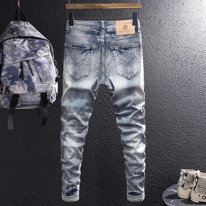 Italian style fashionable men's jeans retro light blue elastic slim fit slit jeans men's pants retro designer slit denim pants H