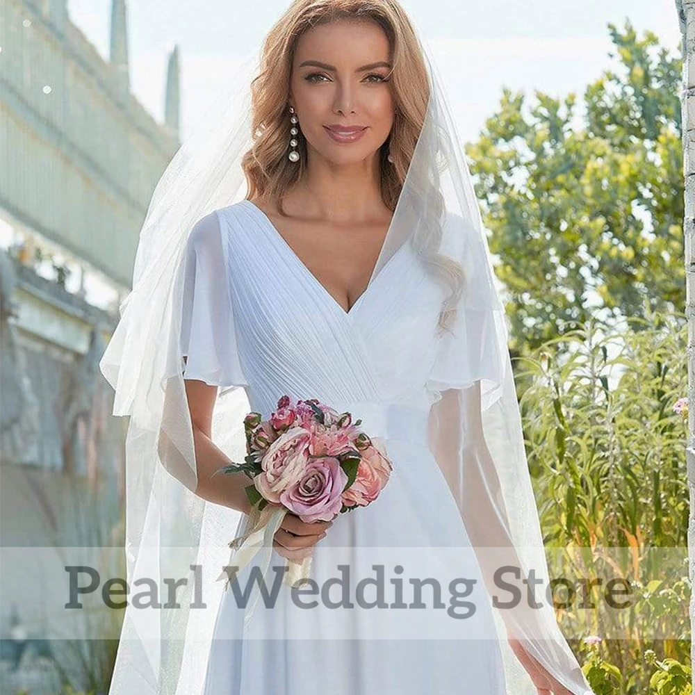 Pmwrun abito da sposa manica corta con scollo a v pieghe classiche in Chiffon con cintura a-line lunghezza del pavimento abiti da sposa con cerniera