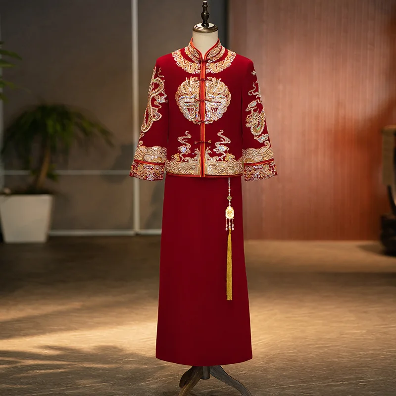 

2023 Men Red Velour Dragon Embroidery Cheongsam Chinese Traditional Bridegroom Wedding Dress Elegant Oriental Tang Suits Clothin