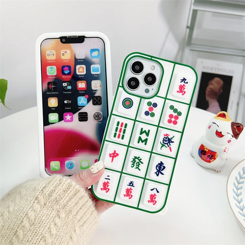 3D Cartoon Mahjong Case for iPhone 15 Pro Max 14 13 12 11 XR XS X 8 7 Plus Stress Relieve Soft Silicone Rubber Cover