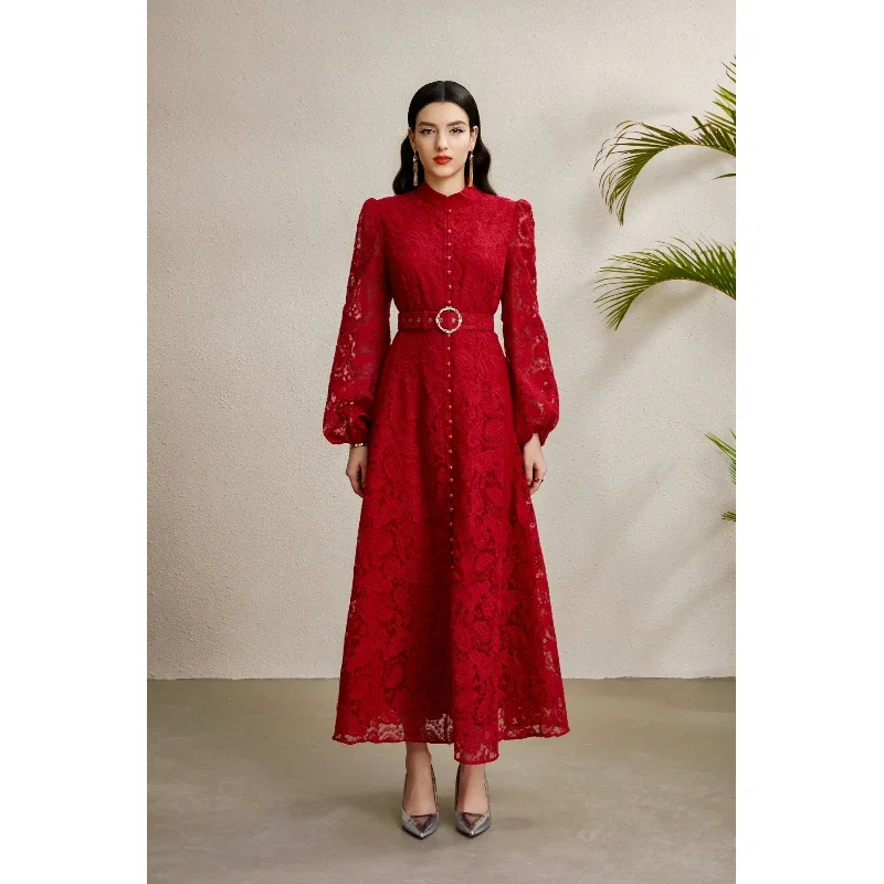 Spring Autumn High End Elegant Birthday Party Women's Dress New French Hook Flower Single Breasted Slim Lace Long Dress S89