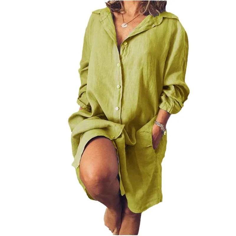 

2025 Women Long Shirt Dress Spring Autumn Lapels Cotton Linen Long-sleeved Cardigan Temperament Commuting Single-breasted Blouse