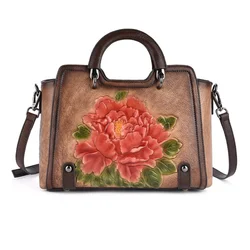 Vintage Genuine Leather Bag Women Real First Layer Cow Leather Tote Bag Chinese Style Floral Ladies Handbag