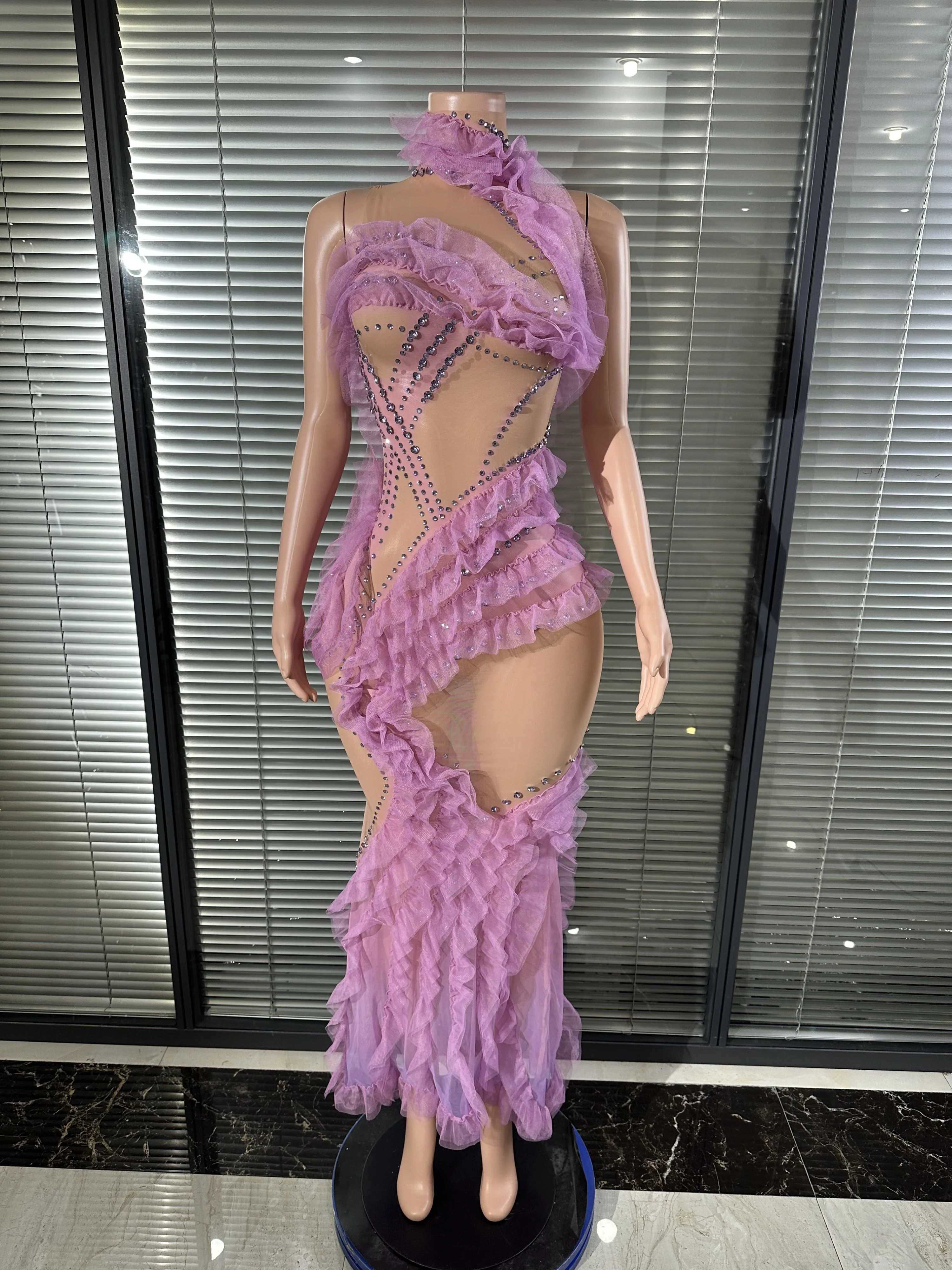 

Gorgeous Lavender Ruffled Sheer Midi Dress Pattern Layered Tulle Silhouette Sexy Nightclub Glamorous Formal Event Dress