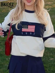 BKQU Y2K American Flag Sweter z dzianiny Kobiety Casual O-Neck Długi rękaw Luźne Pulowery Harajuku Jesień Zima Moda Streetwear