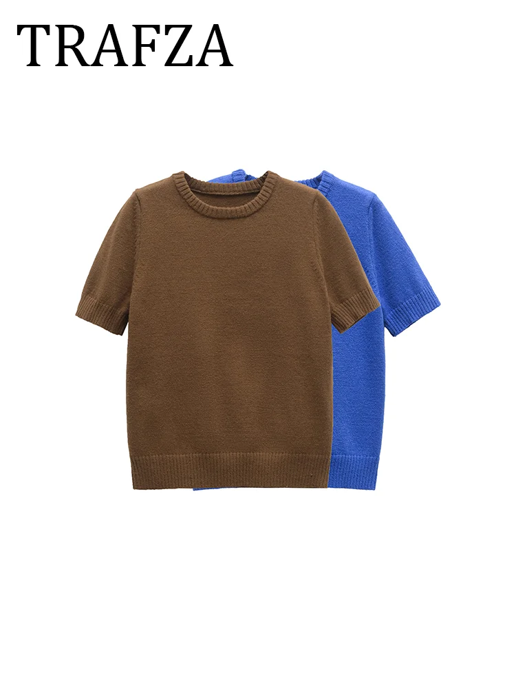 

TRAFZA Women's Short Sleeves Knit Top 2025 Spring Round Neck Elegant Fit Pullovers Solid Sweater For Woman Streetwear Clothing
