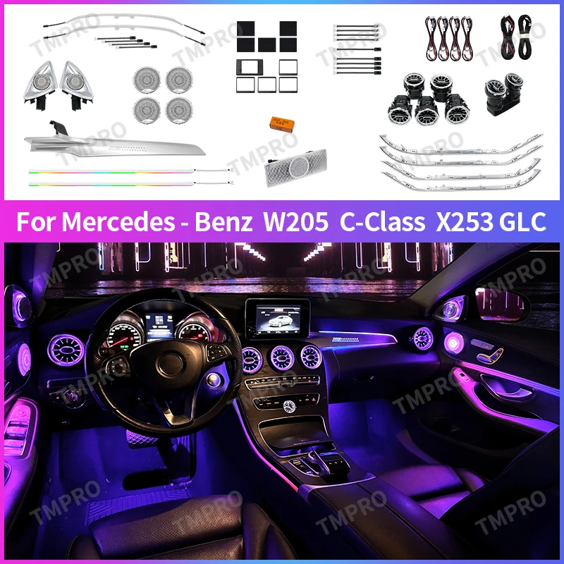 For 2015-2022 Mercedes-Benz C/GLC Class C260 C300 GLC260 W205 X253 64 Colors LED Ambient Lights Automotive Interior Decoration