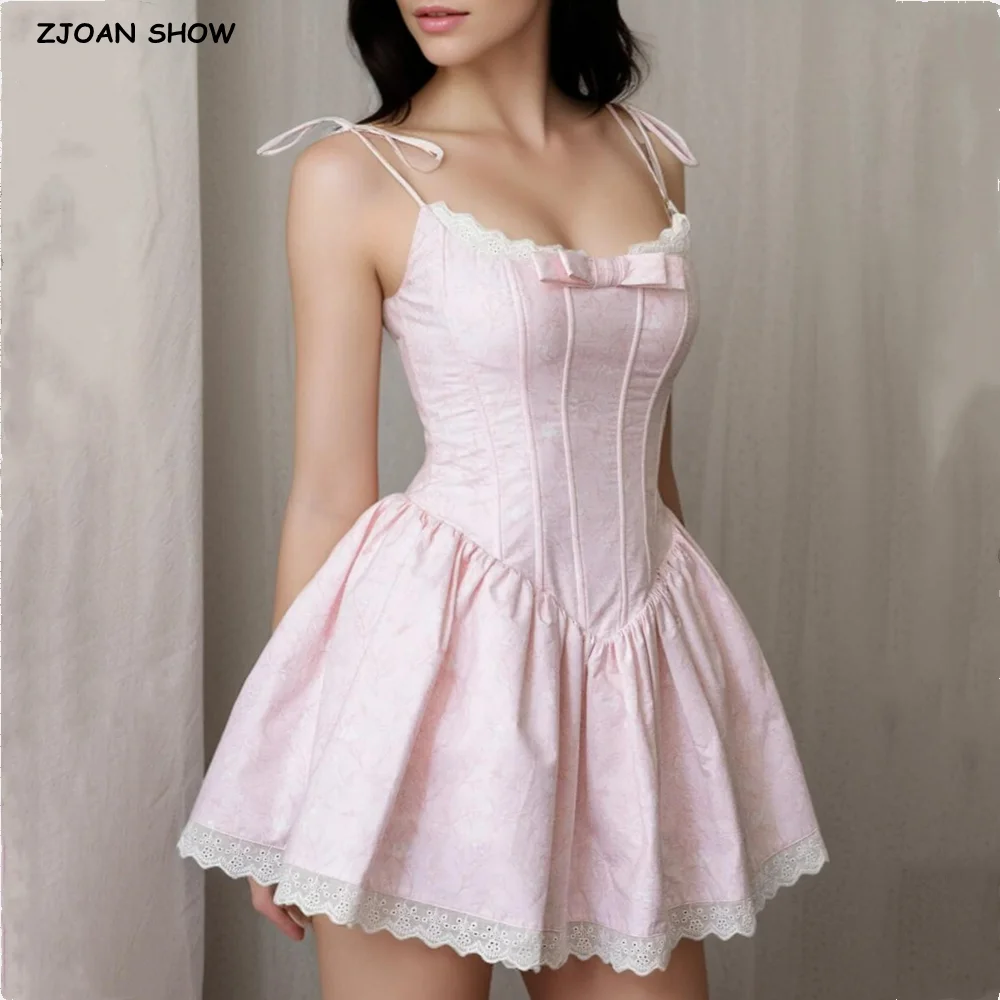 2025 Women Sexy Pink White Jacquard Floral Bow Lacing Up Sling Dress Low Waist Spliced Lace Ball Gown Mini Dresses Party Robe